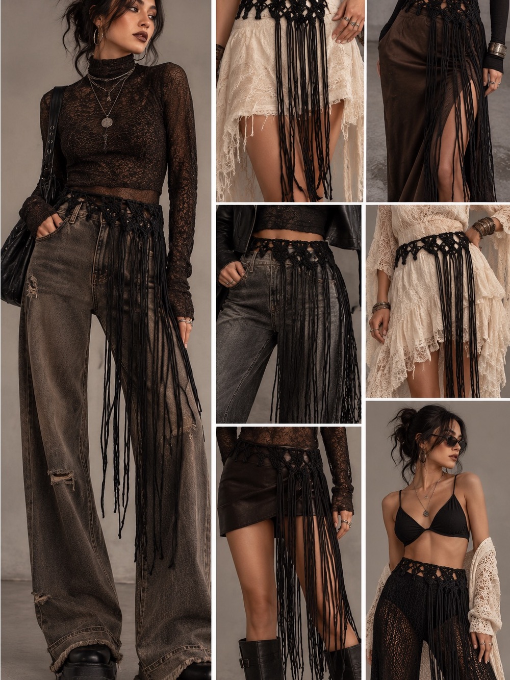 Boho Fringe Macramé Waist Belt - Black